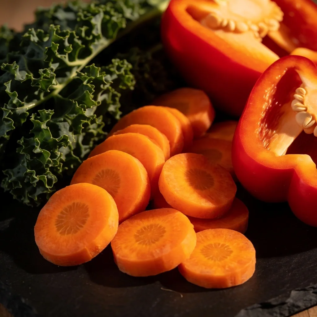 Alimentos coloridos para la salud visual sobre superficie oscura