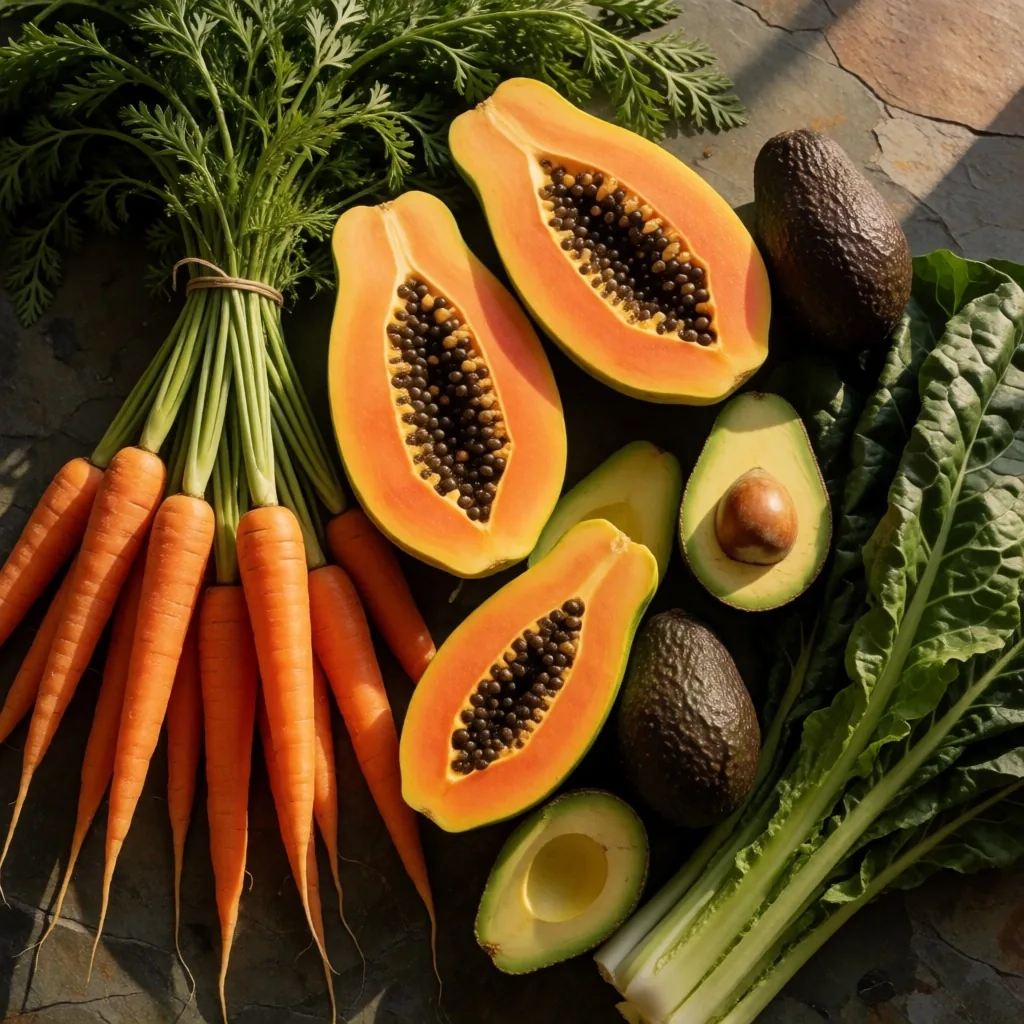 Bodegón de alimentos frescos de mercados mexicanos ricos en nutrientes para la visión