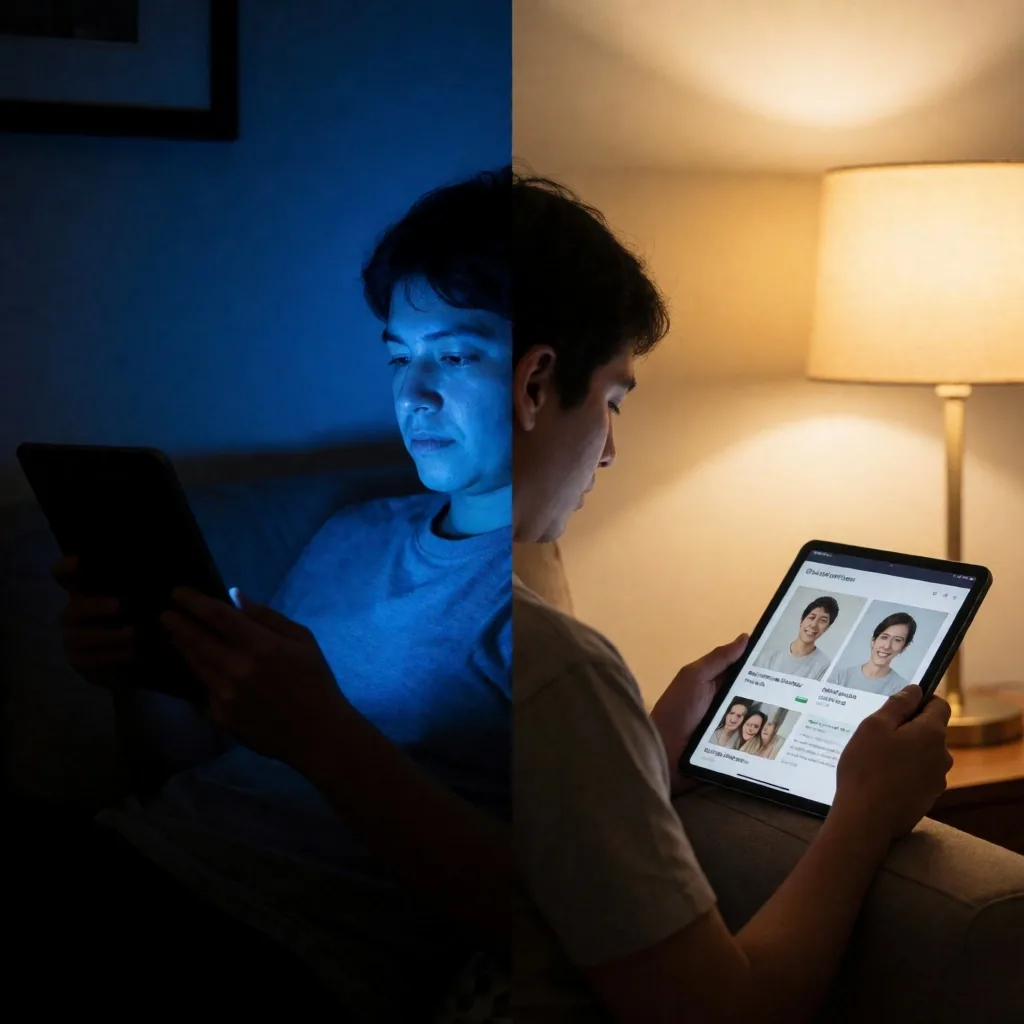 Comparativa visual entre iluminación deficiente y adecuada para el uso de pantallas