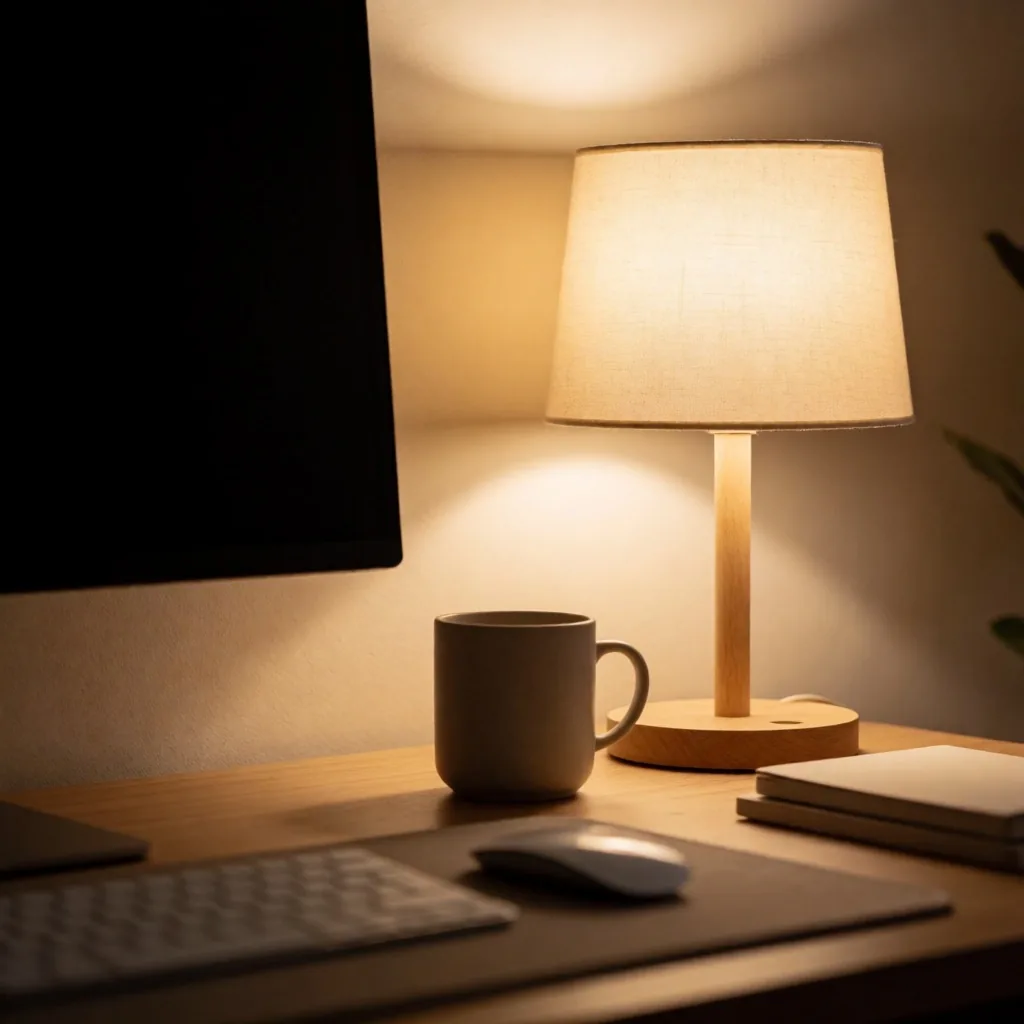 Lámpara de escritorio con luz cálida sobre documentos junto a una laptop