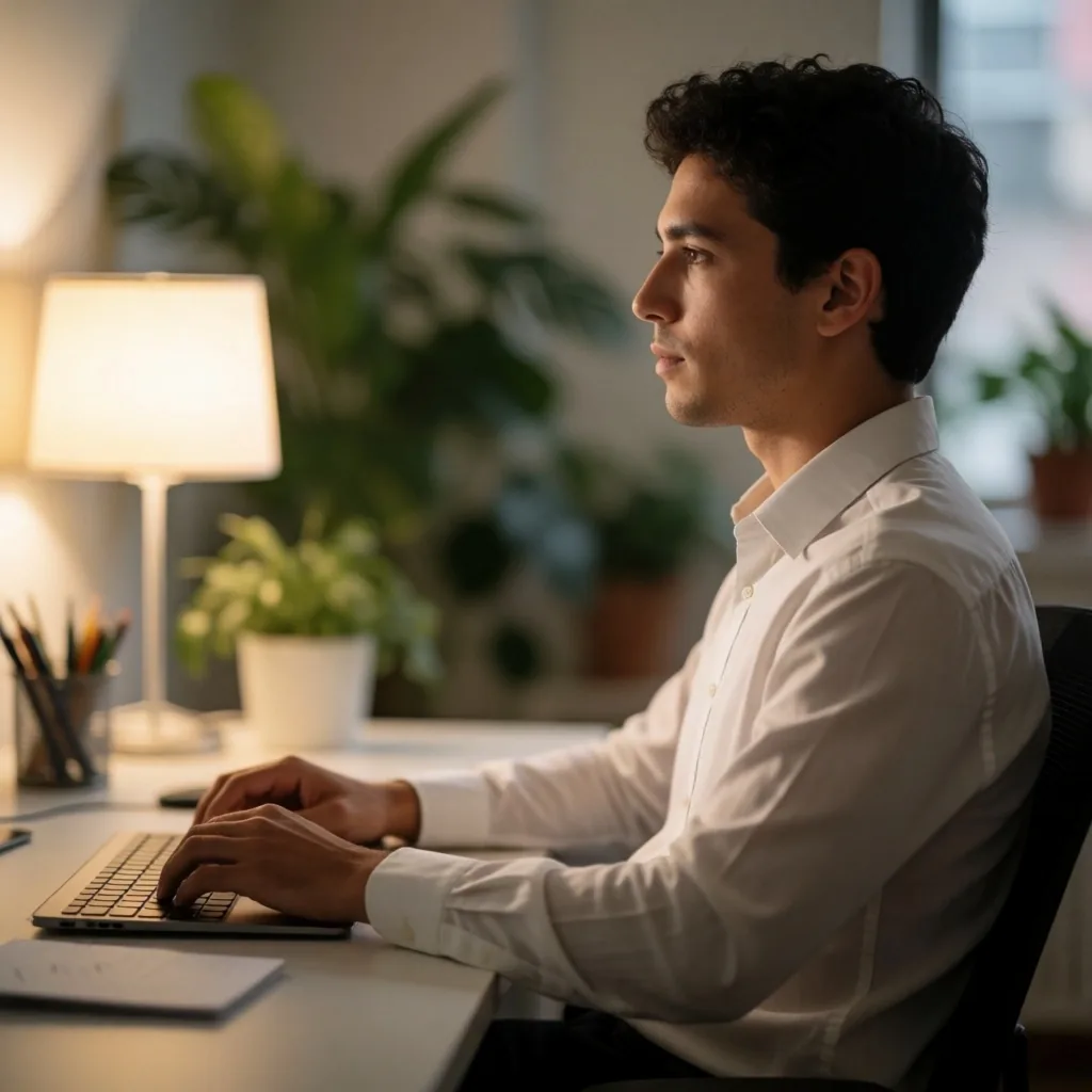 Persona trabajando frente a una pantalla con iluminación cálida