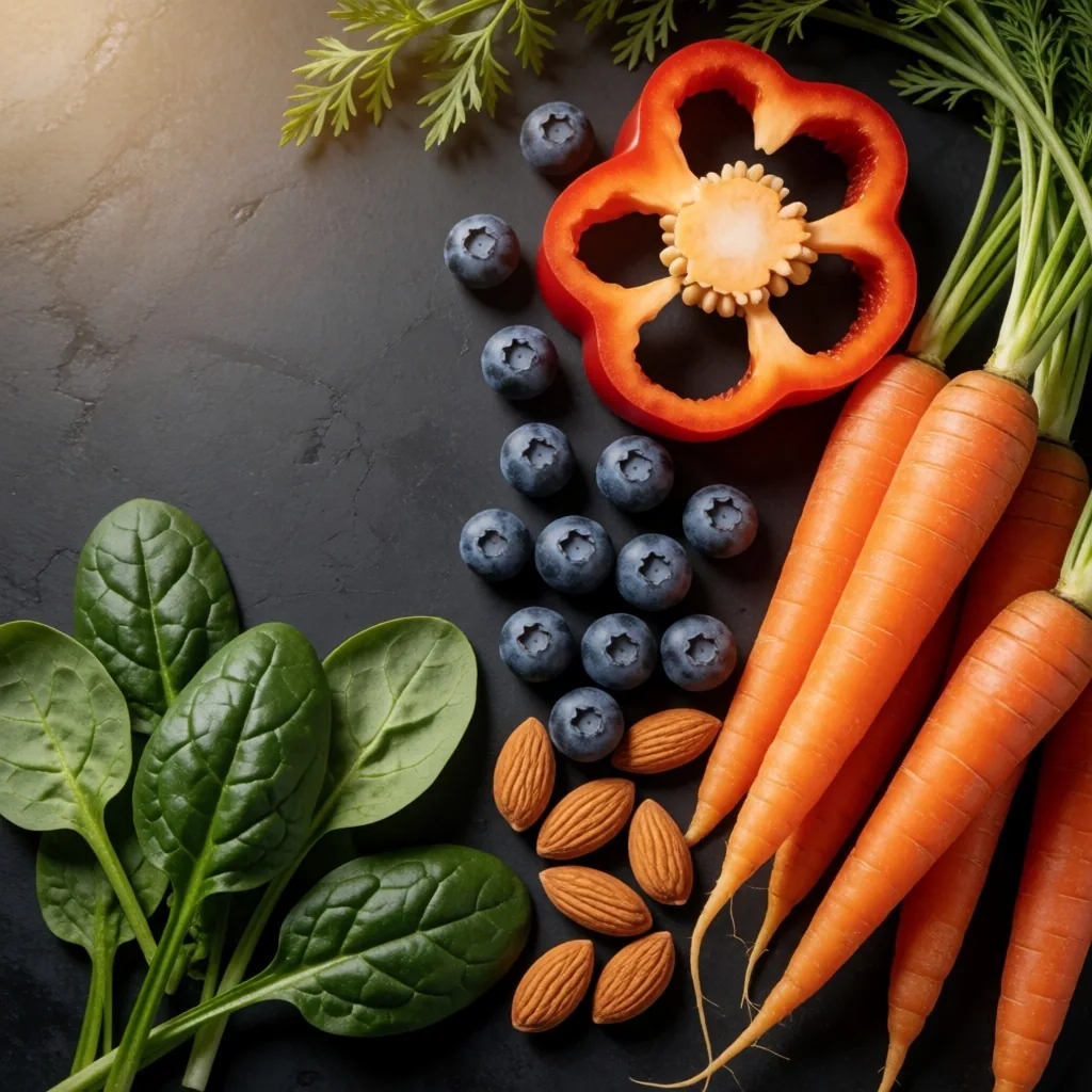 Ingredientes saludables para la vista sobre superficie oscura