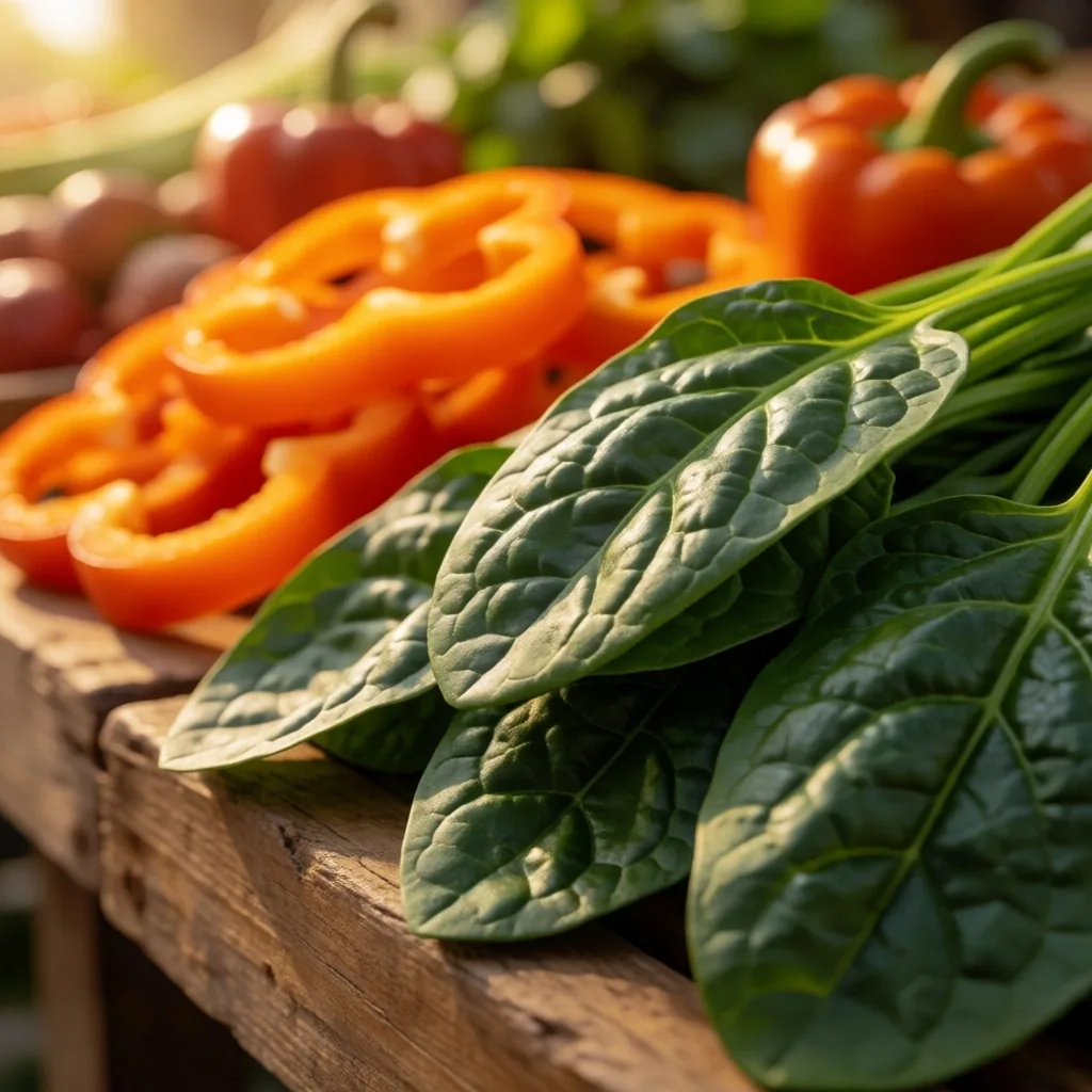 Vegetales de hojas verdes y pimientos sobre mesa de mercado