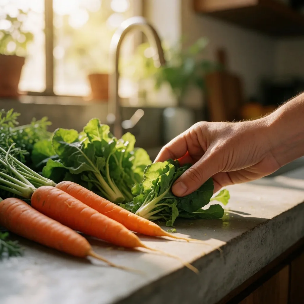 Alimentos para el cuidado visual sobre una superficie de concreto