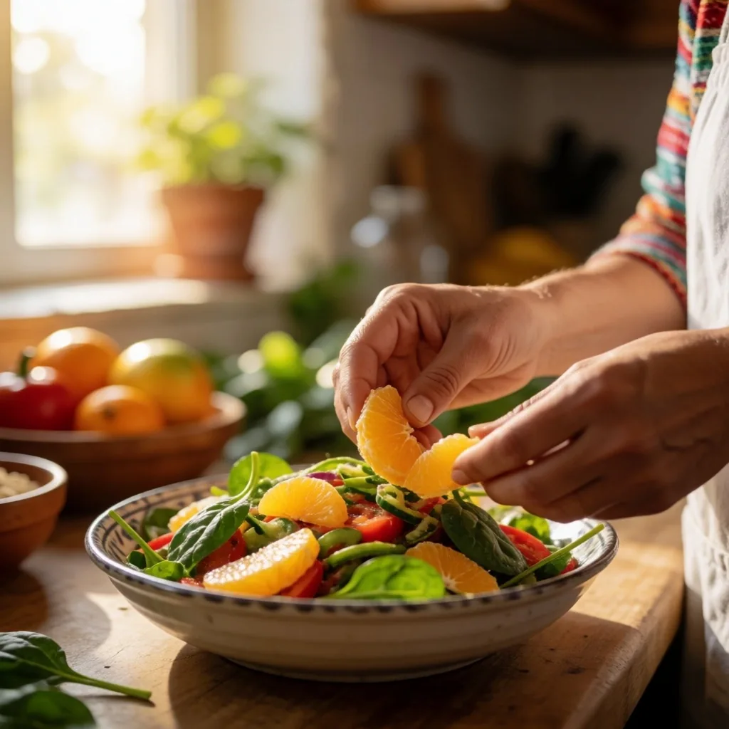 Ingredientes saludables para los ojos sobre mesa de madera