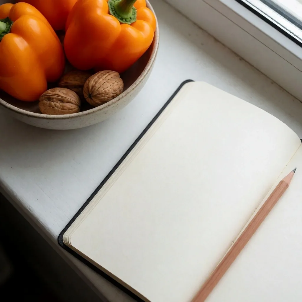 Cuaderno de notas junto a vegetales frescos sobre un escritorio de concreto