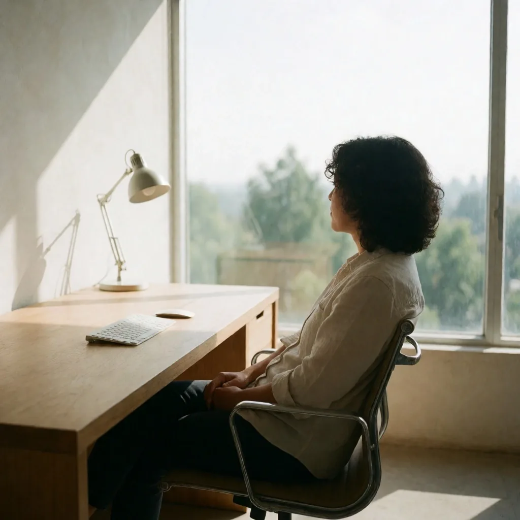 Persona descansando la vista frente a un escritorio iluminado por luz natural